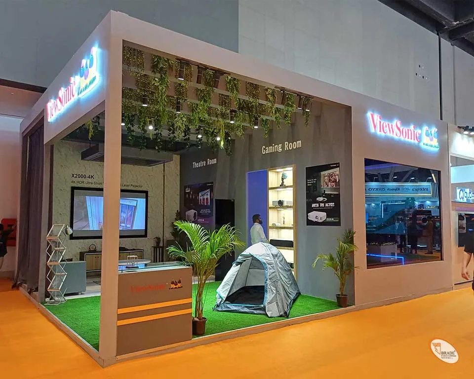 Exhibition stand with integrated branding and customer engagement features