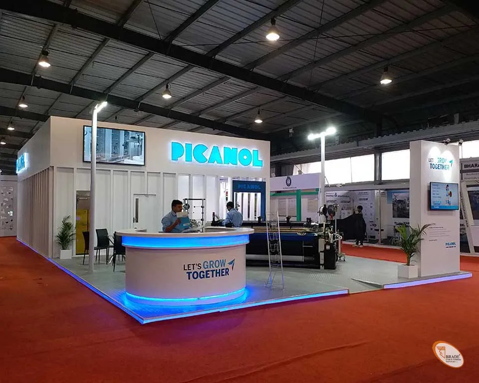 Exhibition stand with integrated lighting and branding features