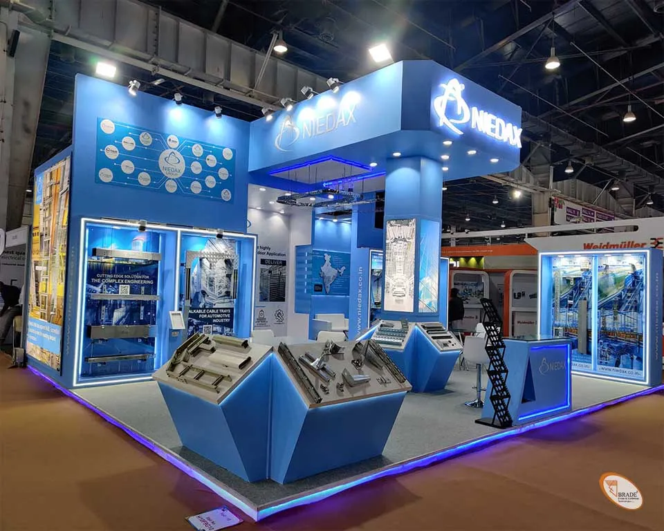 Exhibition stand with bold branding and modern aesthetics