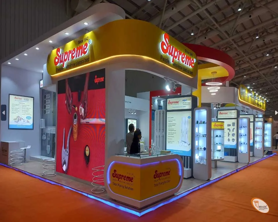 Exhibition stand showcasing products with modular display units